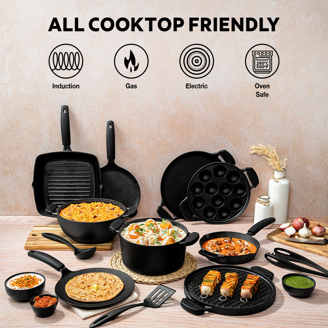 Tramontina Titanex 30cm Pre-Seasoned Cast Iron Dual Handle Dosa Tawa with Heat Resistant Silicone Grip
