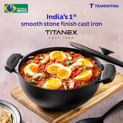 Tramontina Titanex 30cm Pre-Seasoned Cast Iron Extra Deep Kadai with Heat Resistant Silicone Grip – 6.8L