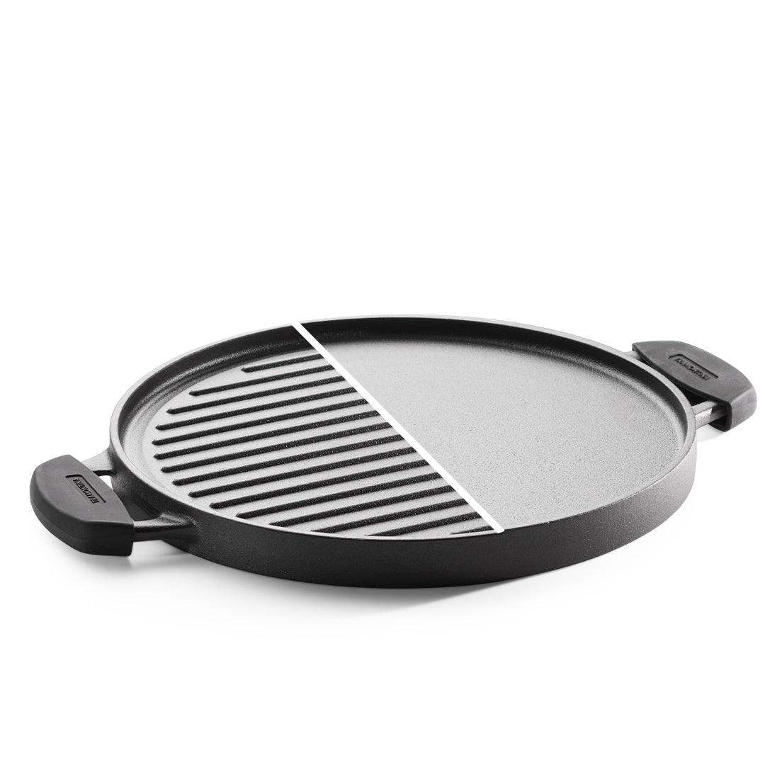 Tramontina Titanex 30cm Pre-Seasoned Cast Iron Reversible Dosa Tawa Grill Pan with Heat Resistant Silicone Grip