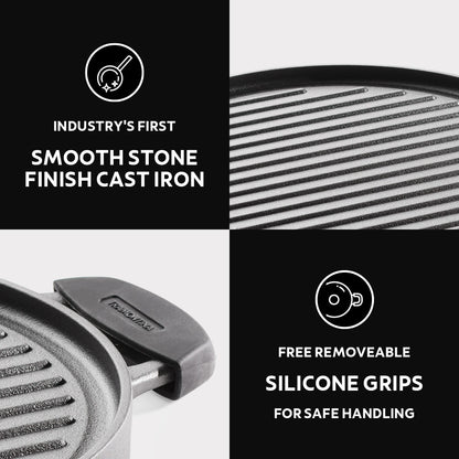 Tramontina Titanex 30cm Pre-Seasoned Cast Iron Reversible Dosa Tawa Grill Pan with Heat Resistant Silicone Grip