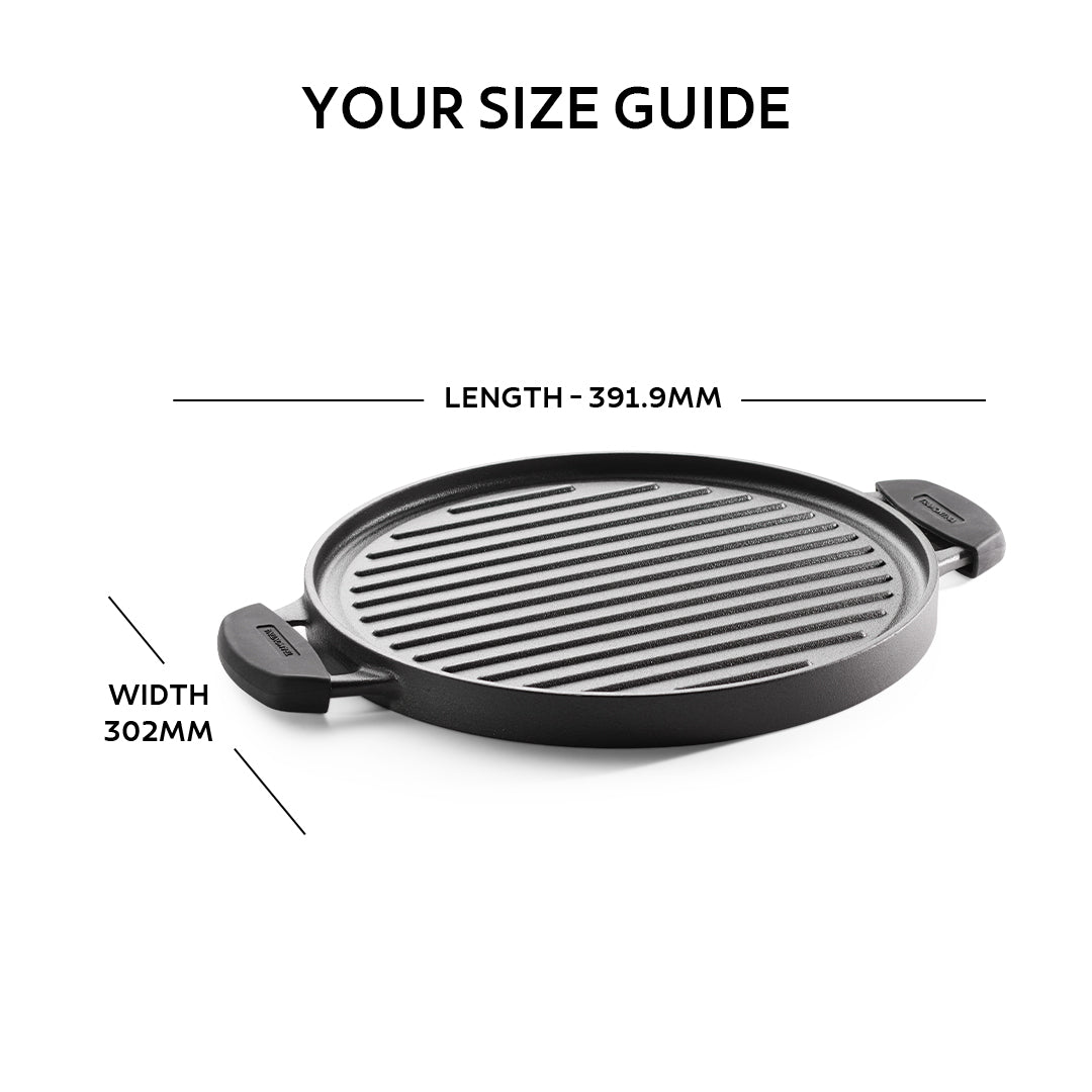 Tramontina Titanex 30cm Pre-Seasoned Cast Iron Reversible Dosa Tawa Grill Pan with Heat Resistant Silicone Grip
