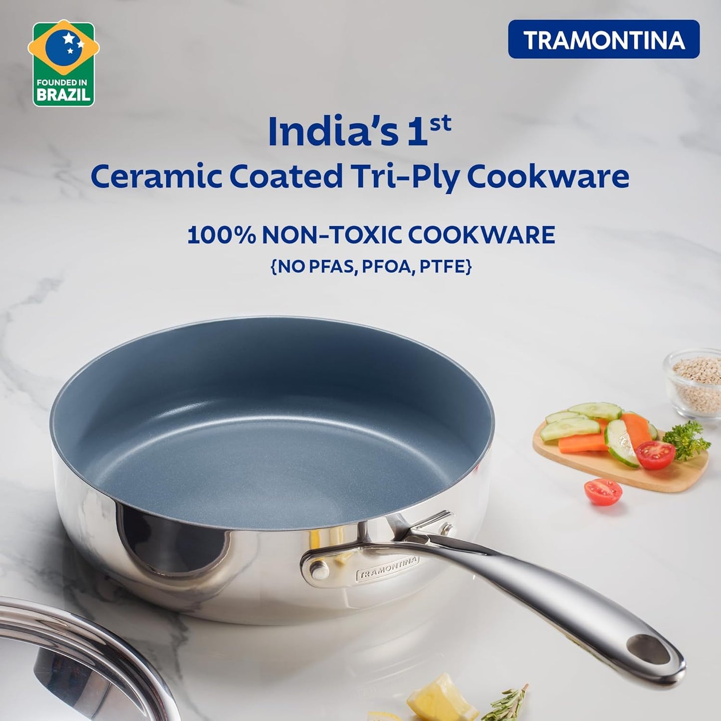 Tramontina Fusao EX+ Ceramic Coated 24cm 2.8L Triply Stainless Steel Saute Pan with Lid