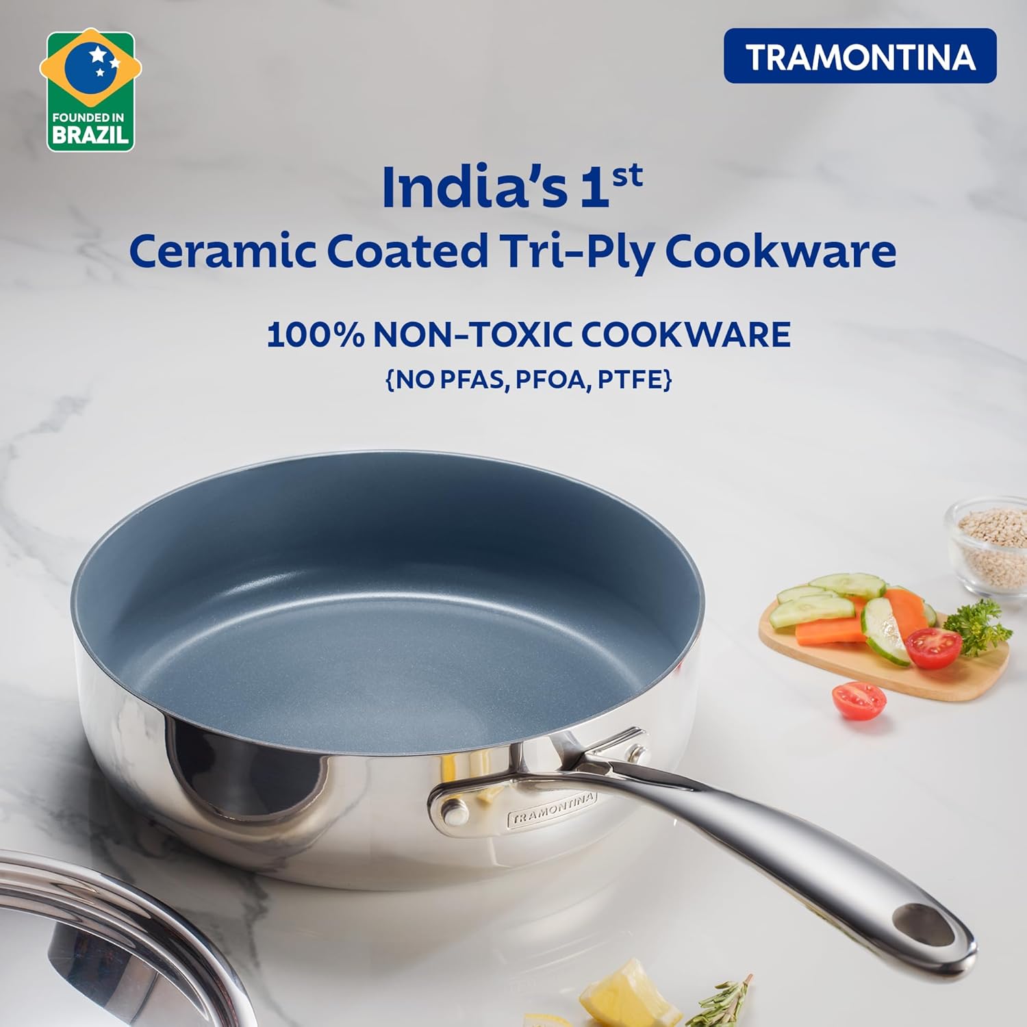 Tramontina Fusao EX+ Ceramic Coated 24cm 2.8L Triply Stainless Steel Saute Pan with Lid