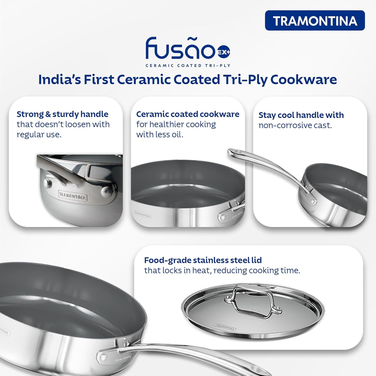 Tramontina Fusao EX+ Ceramic Coated 24cm 2.8L Triply Stainless Steel Saute Pan with Lid