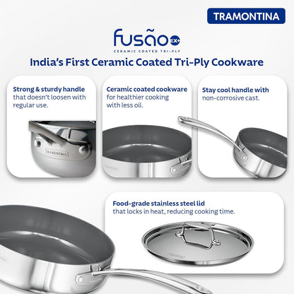 Tramontina Fusao EX+ Ceramic Coated 24cm 2.8L Triply Stainless Steel Saute Pan with Lid