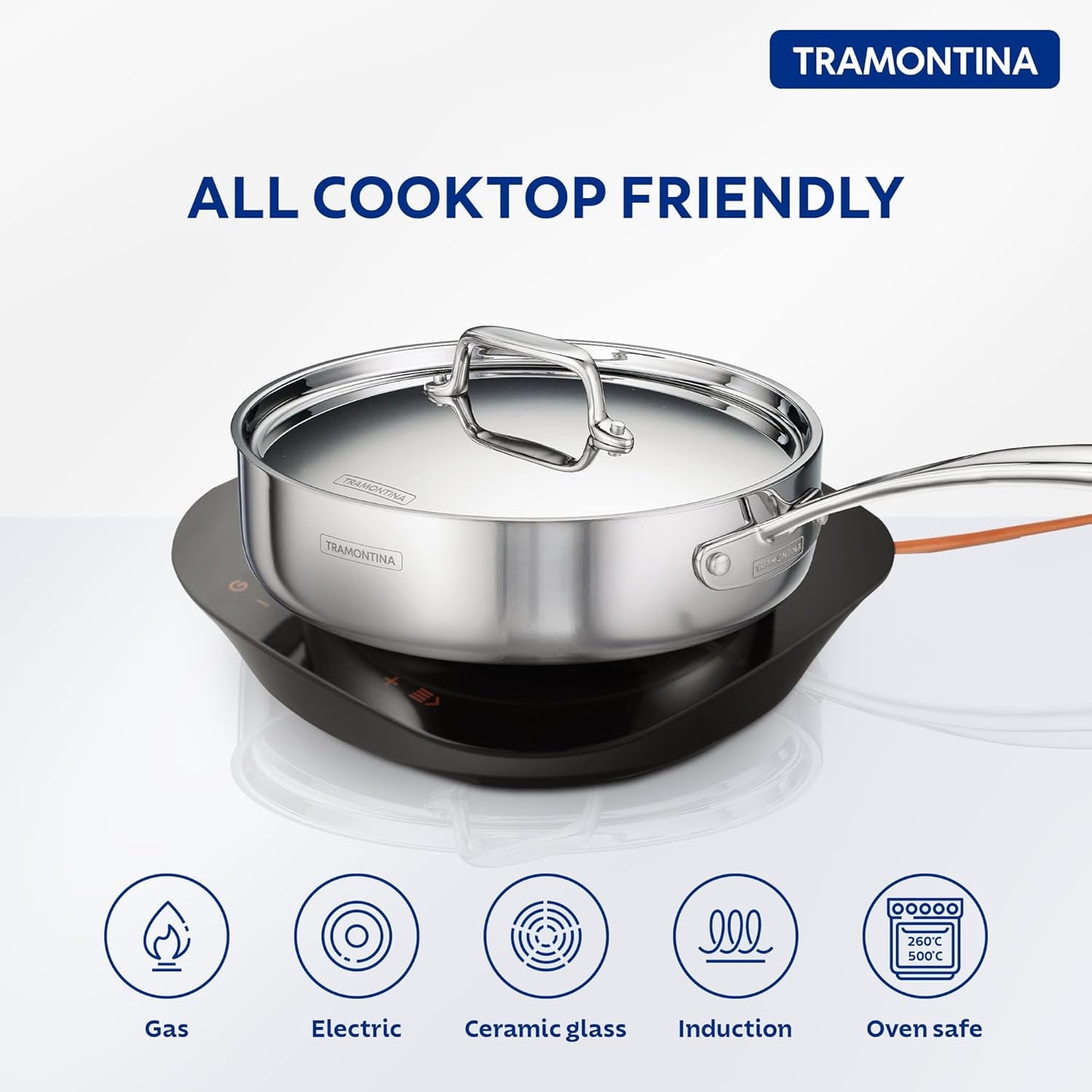 Tramontina Fusao EX+ Ceramic Coated 24cm 2.8L Triply Stainless Steel Saute Pan with Lid