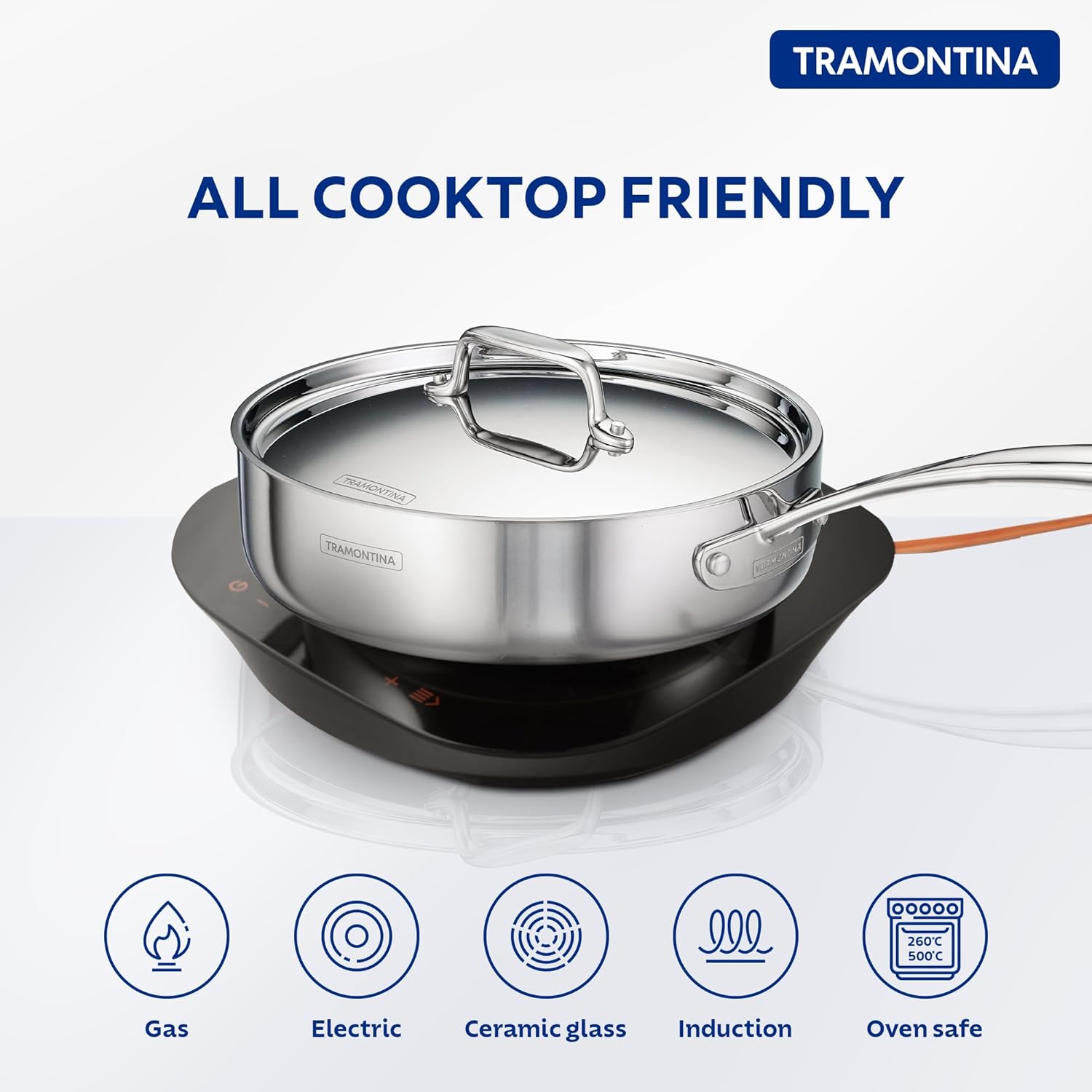 Tramontina Fusao EX+ Ceramic Coated 24cm 2.8L Triply Stainless Steel Saute Pan with Lid