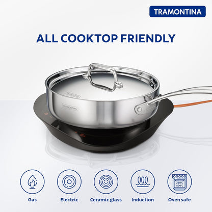 Tramontina Fusao EX+ Ceramic Coated 24cm 2.8L Triply Stainless Steel Saute Pan with Lid