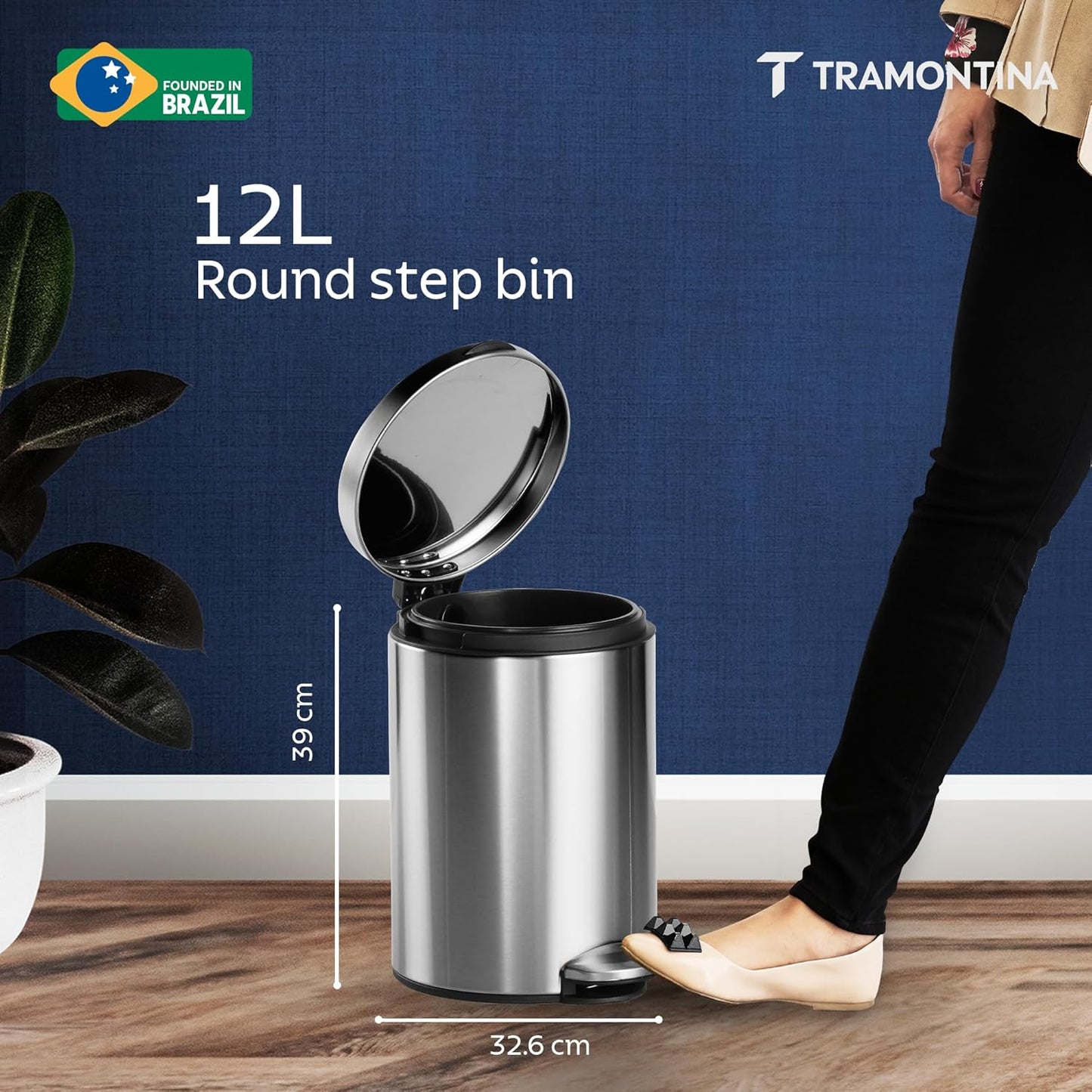 Tramontina Trash Bin 12 Litre Stainless Steel Pedal Round