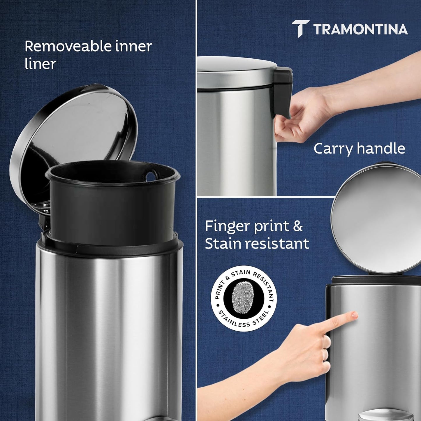 Tramontina Trash Bin 12 Litre Stainless Steel Pedal Round