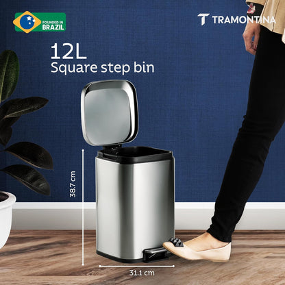 Tramontina Trash Bin 12 Litre Stainless Steel Pedal Square