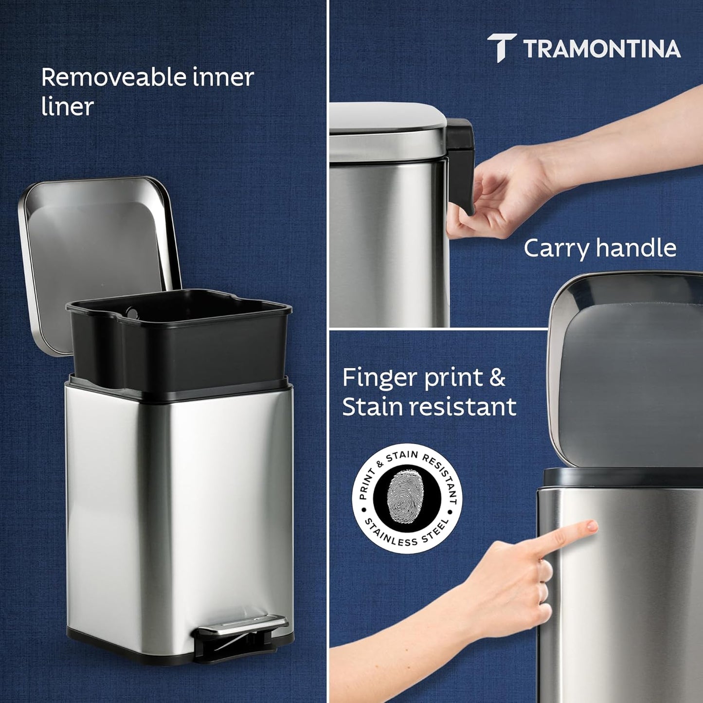 Tramontina Trash Bin 20 Litre Stainless Steel Pedal Square