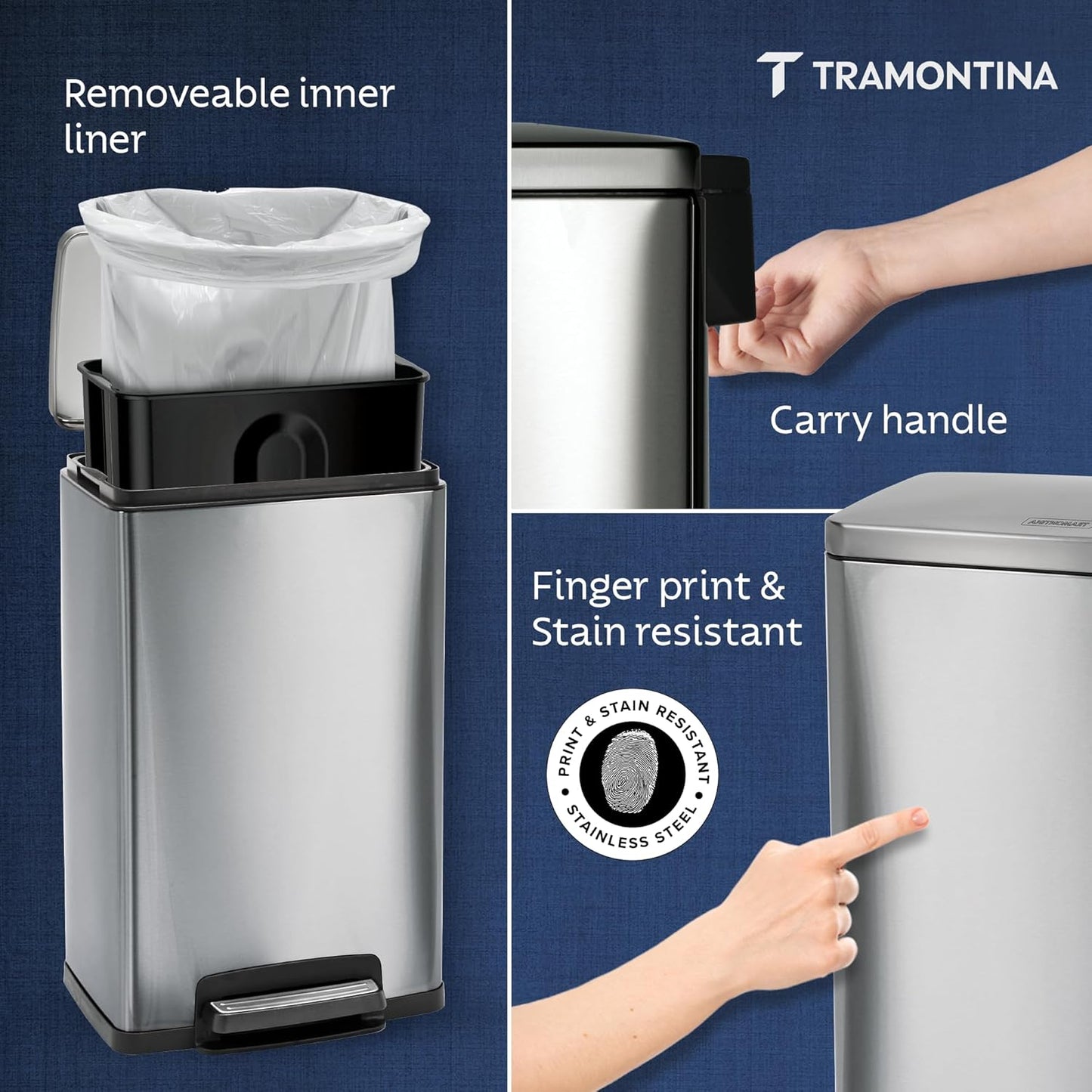 Tramontina Trash Bin 49 Litre  Stainless Steel Contemp Rectangle