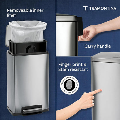 Tramontina Trash Bin 49 Litre  Stainless Steel Contemp Rectangle