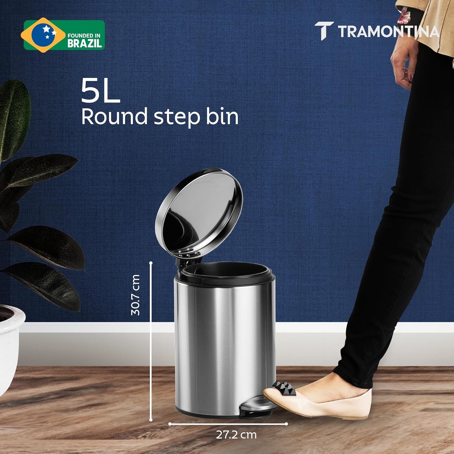 Tramontina Trash Bin 5 Litre Stainless Steel Pedal Round