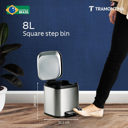 Tramontina Trash Bin 8 Litre Stainless Steel Pedal Square