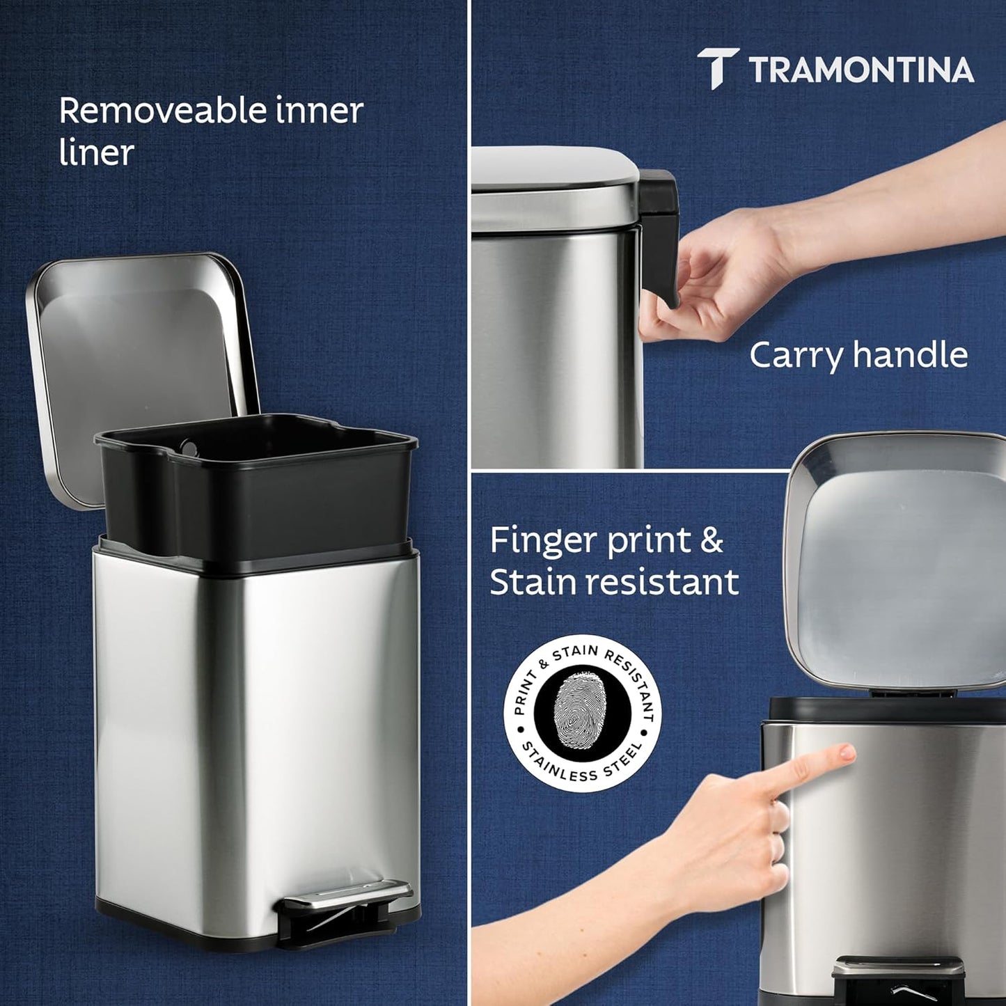 Tramontina Trash Bin 8 Litre Stainless Steel Pedal Square