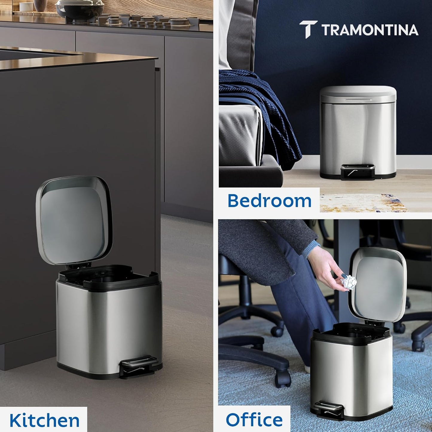 Tramontina Trash Bin 8 Litre Stainless Steel Pedal Square
