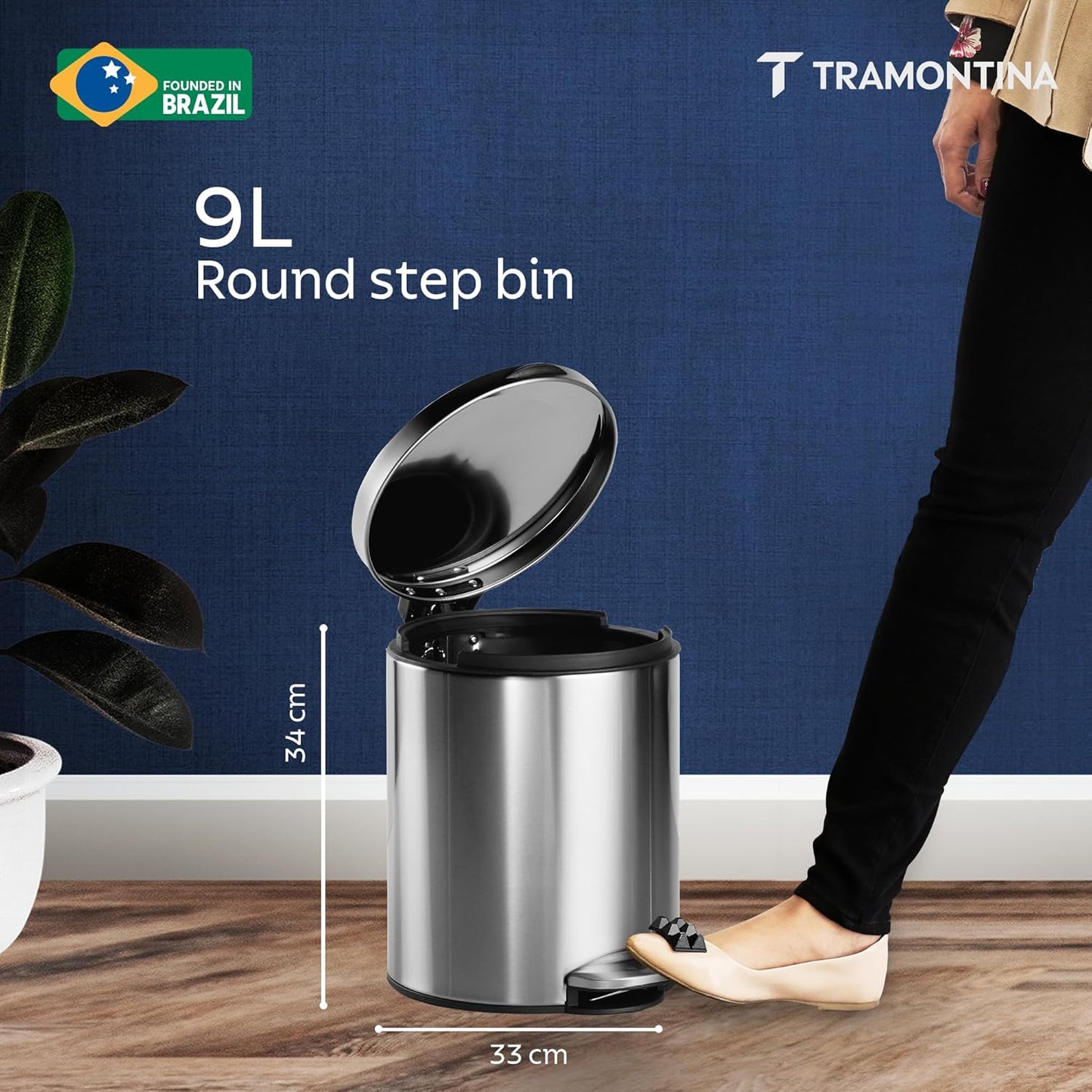Tramontina Trash Bin 9 Litre Stainless Steel Pedal Round