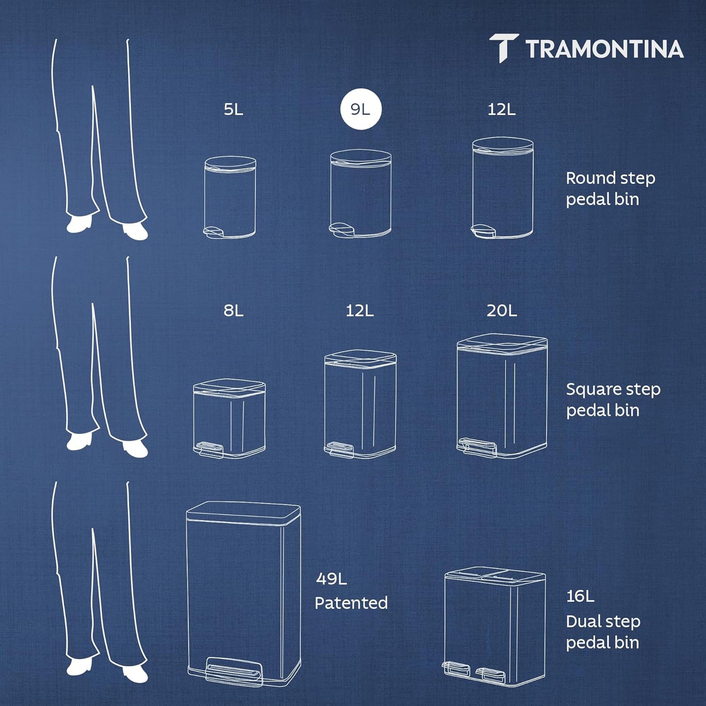 Tramontina Trash Bin 9 Litre Stainless Steel Pedal Round