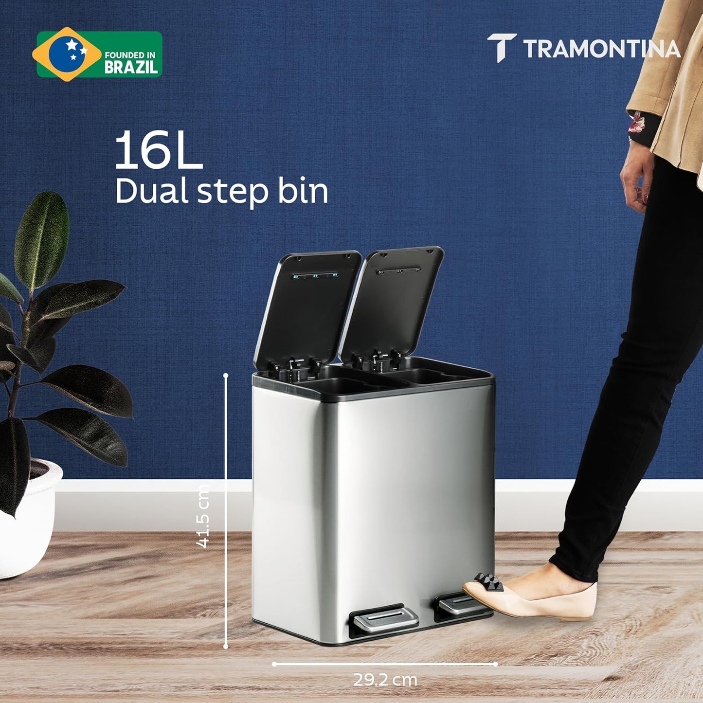 Tramontina Trash Bin 8 Litre X 2 Stainless Steel Wide Rectangle
