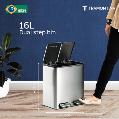 Tramontina Trash Bin 8 Litre X 2 Stainless Steel Wide Rectangle