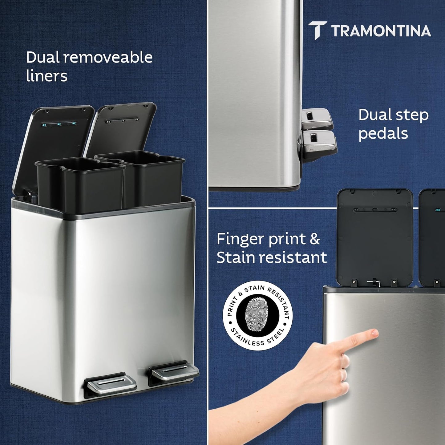 Tramontina Trash Bin 8 Litre X 2 Stainless Steel Wide Rectangle