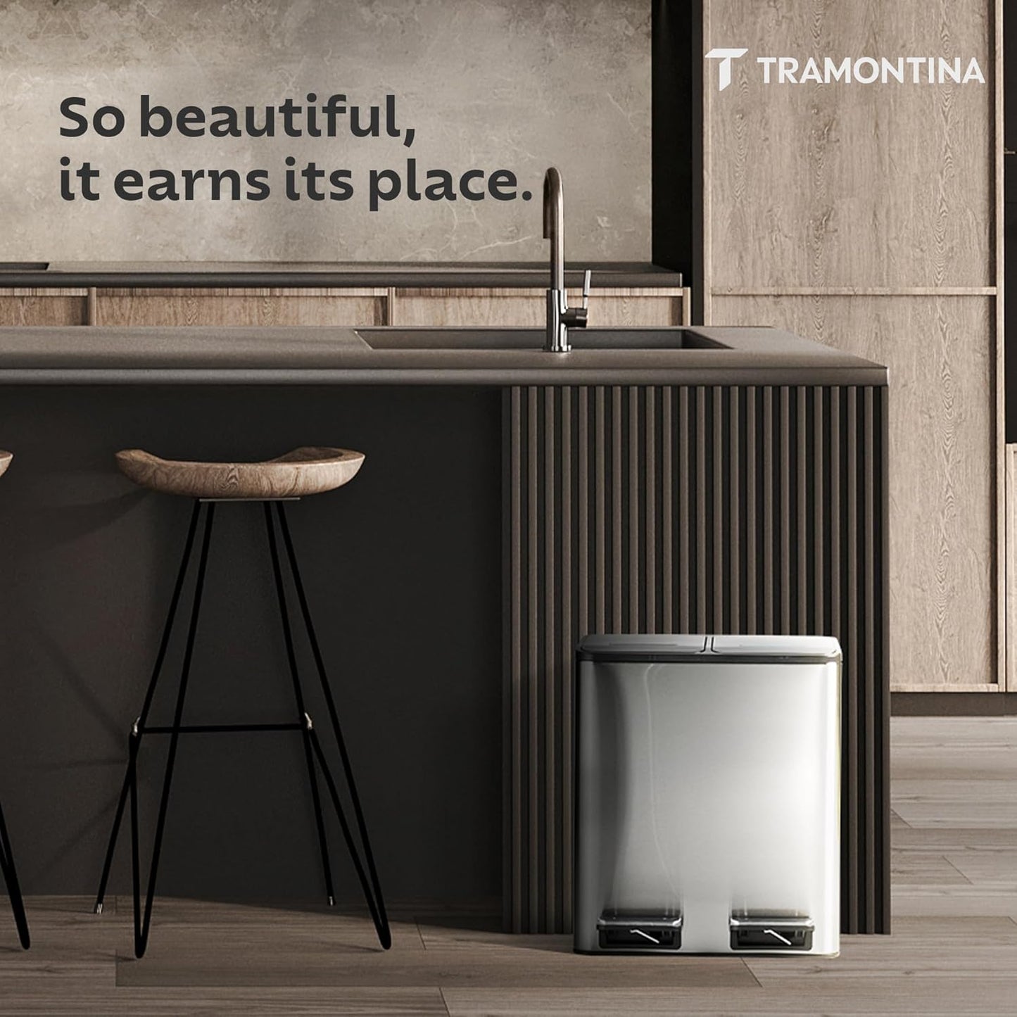 Tramontina Trash Bin 8 Litre X 2 Stainless Steel Wide Rectangle
