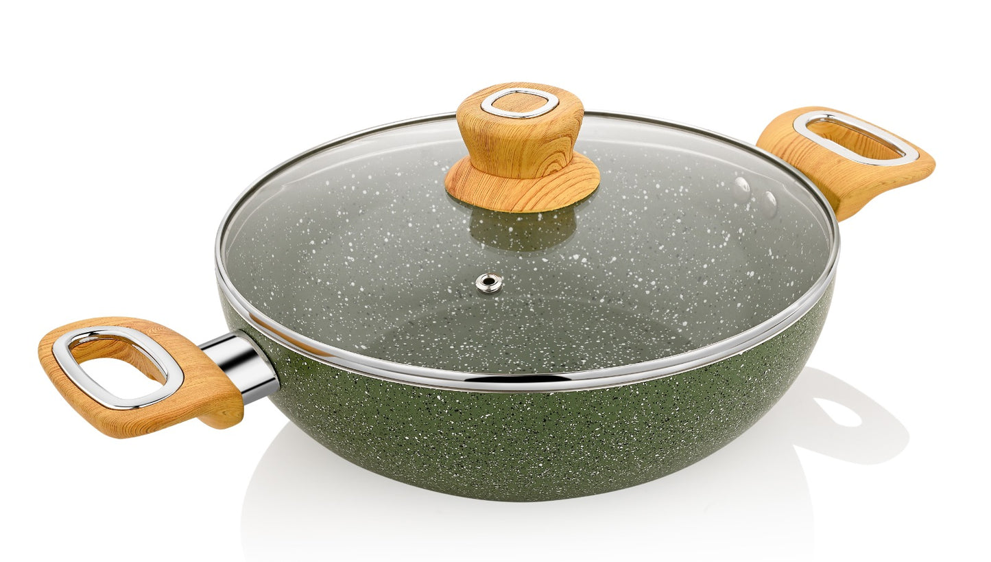 KEMP Non Stick Cookware Granito Gift Set of 4 (Dosa Tawa 28 cm, Fry Pan 25 cm, Kadai with Glass Lid 25 cm) | Dark Green | Non Stick Ceramic Coating
