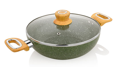 KEMP Non Stick Cookware Granito Gift Set of 4 (Dosa Tawa 28 cm, Fry Pan 25 cm, Kadai with Glass Lid 25 cm) | Dark Green | Non Stick Ceramic Coating