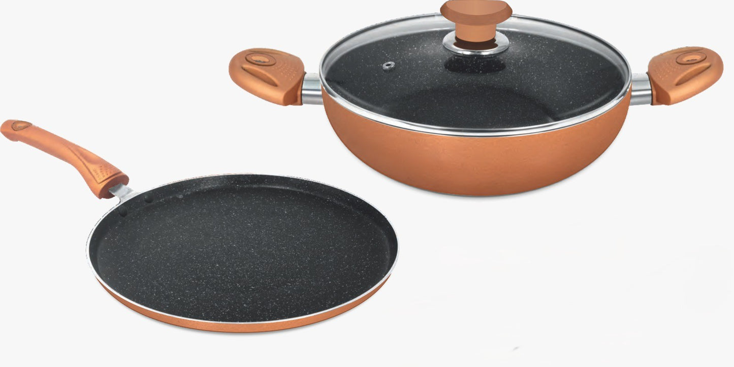 KEMP Non Stick Cookware Omega Gift Set of 3 (Dosa Tawa 28 cm, Kadai with Glass Lid 25 cm) | Matte Black and Brown | Non Stick Ceramic Coating |Heat Resistant Handles (Omega-3 PCS Set)