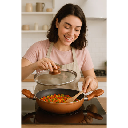 KEMP Non Stick Cookware Omega Gift Set of 3 (Dosa Tawa 28 cm, Kadai with Glass Lid 25 cm) | Matte Black and Brown | Non Stick Ceramic Coating |Heat Resistant Handles (Omega-3 PCS Set)