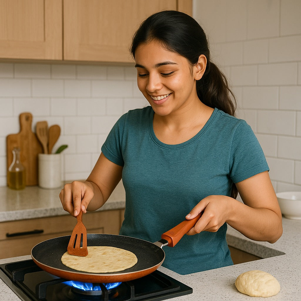KEMP Non Stick Cookware Omega Gift Set of 3 (Dosa Tawa 28 cm, Kadai with Glass Lid 25 cm) | Matte Black and Brown | Non Stick Ceramic Coating |Heat Resistant Handles (Omega-3 PCS Set)