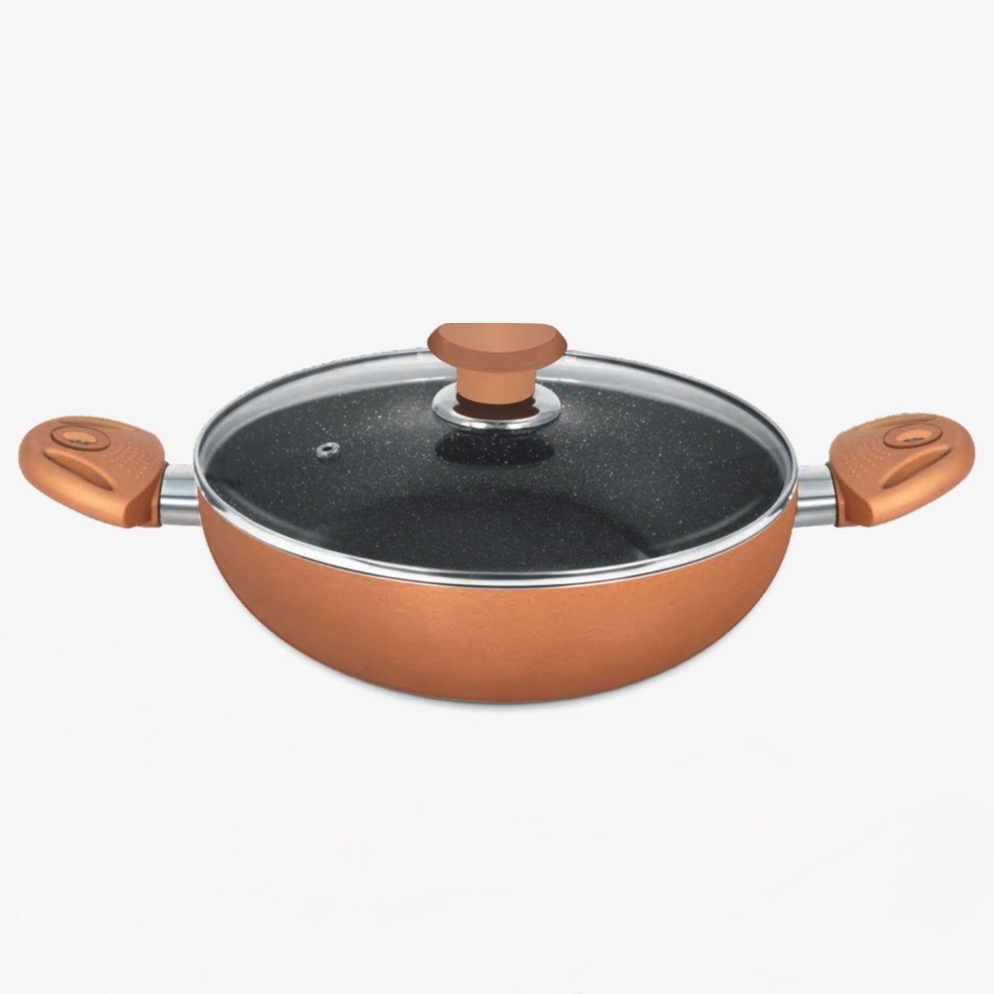 KEMP Non Stick Cookware Omega Gift Set of 3 (Dosa Tawa 28 cm, Kadai with Glass Lid 25 cm) | Matte Black and Brown | Non Stick Ceramic Coating |Heat Resistant Handles (Omega-3 PCS Set)