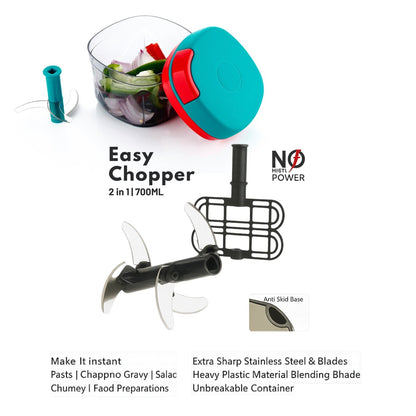 KEMP Quick Manual string Chopper Multipurpose Manual Vegetable, Dry Fruit and Onion Handy Chopper and Quick Cutter Machine for Kitchen with 3 Stainless Steel Blade (700 ML)