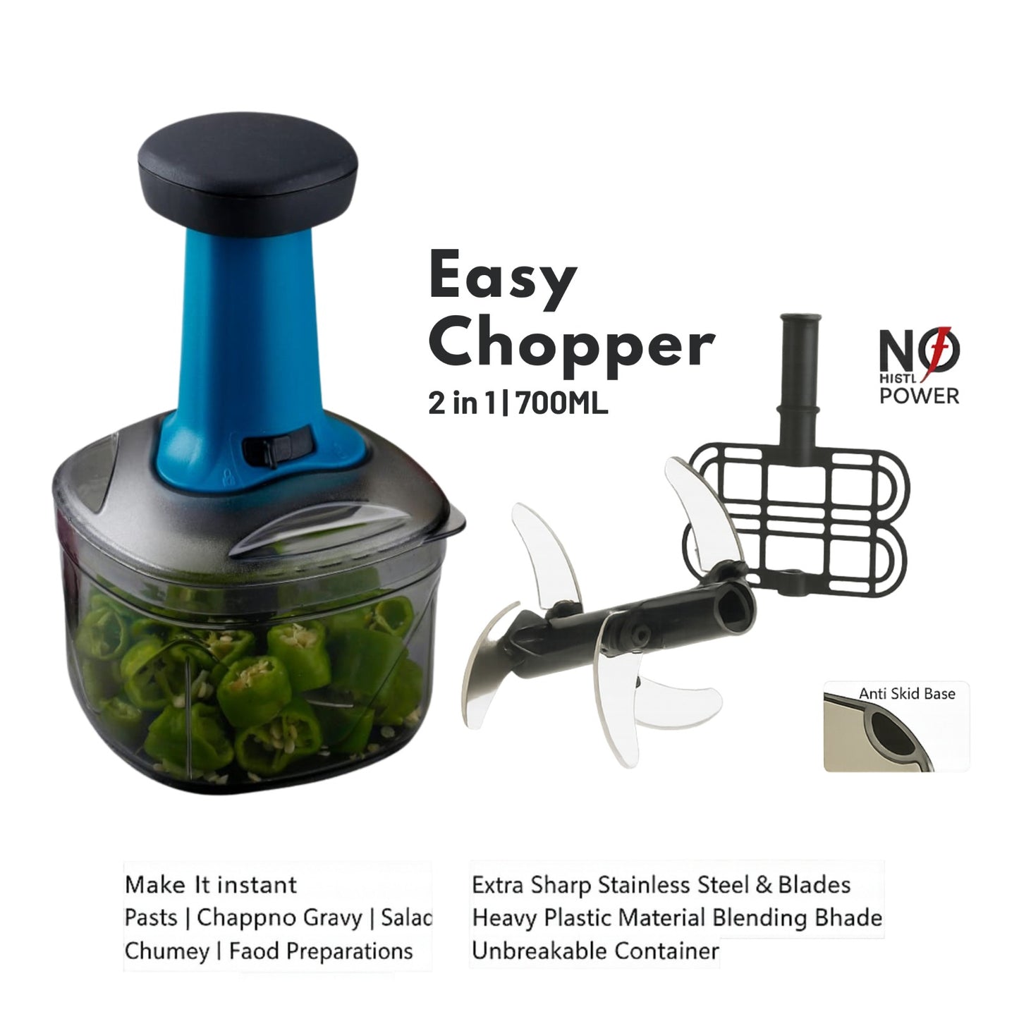 KEMP Press Chopper, Manual Hand Press Push Chopper with 3 Blades for Effortless Chopping Vegetables & Fruits (700 ML)-Multicolor