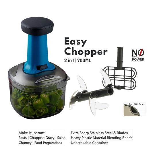 KEMP Press Chopper, Manual Hand Press Push Chopper with 3 Blades for Effortless Chopping Vegetables & Fruits (700 ML)-Multicolor