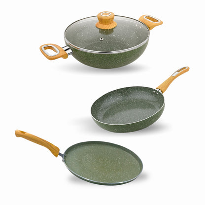 KEMP Non Stick Cookware Granito Gift Set of 4 (Dosa Tawa 28 cm, Fry Pan 25 cm, Kadai with Glass Lid 25 cm) | Dark Green | Non Stick Ceramic Coating