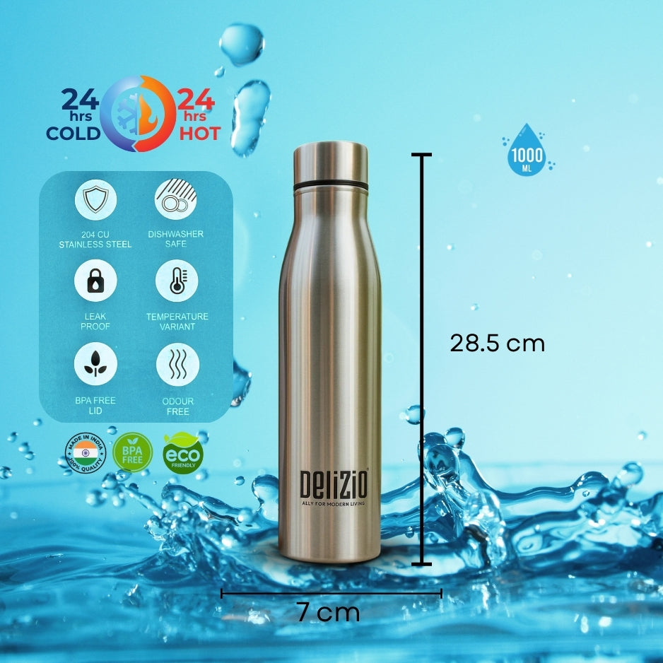 KEMP DELIZIO COLA Edition Stainless Steel Fridge Water Bottle 1000 ML | 1 L | Single Walled | Office | Gym | Travelling | Leak Proof LID | ECO Friendly | BPA Free | for Adult, Kids