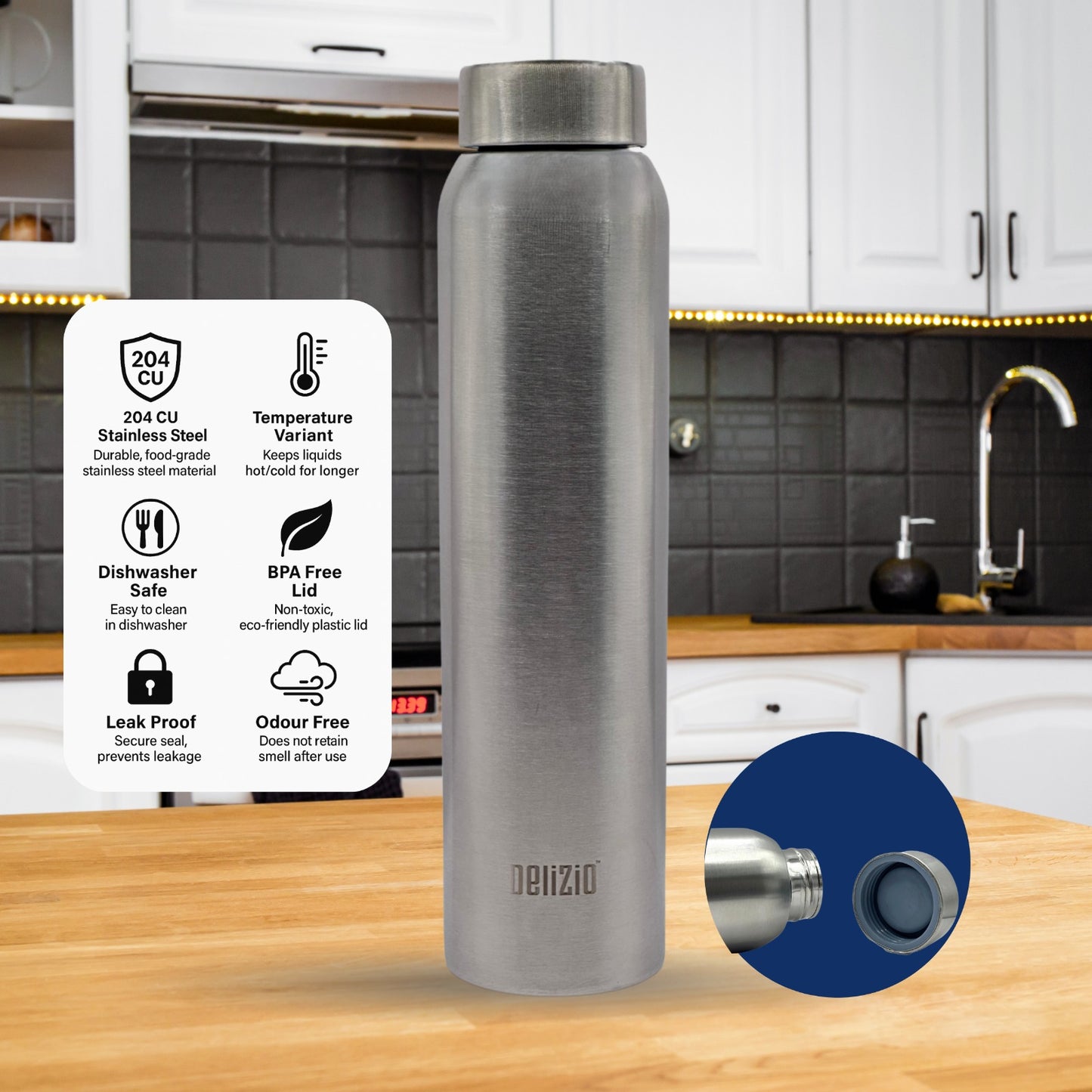 KEMP DELIZIO SOLO Edition Stainless Steel Fridge Water Bottle 1000 ML | 1 L | Single Walled | Office | Gym | Travelling | Leak Proof LID | ECO Friendly | BPA Free | for Adult, Kids