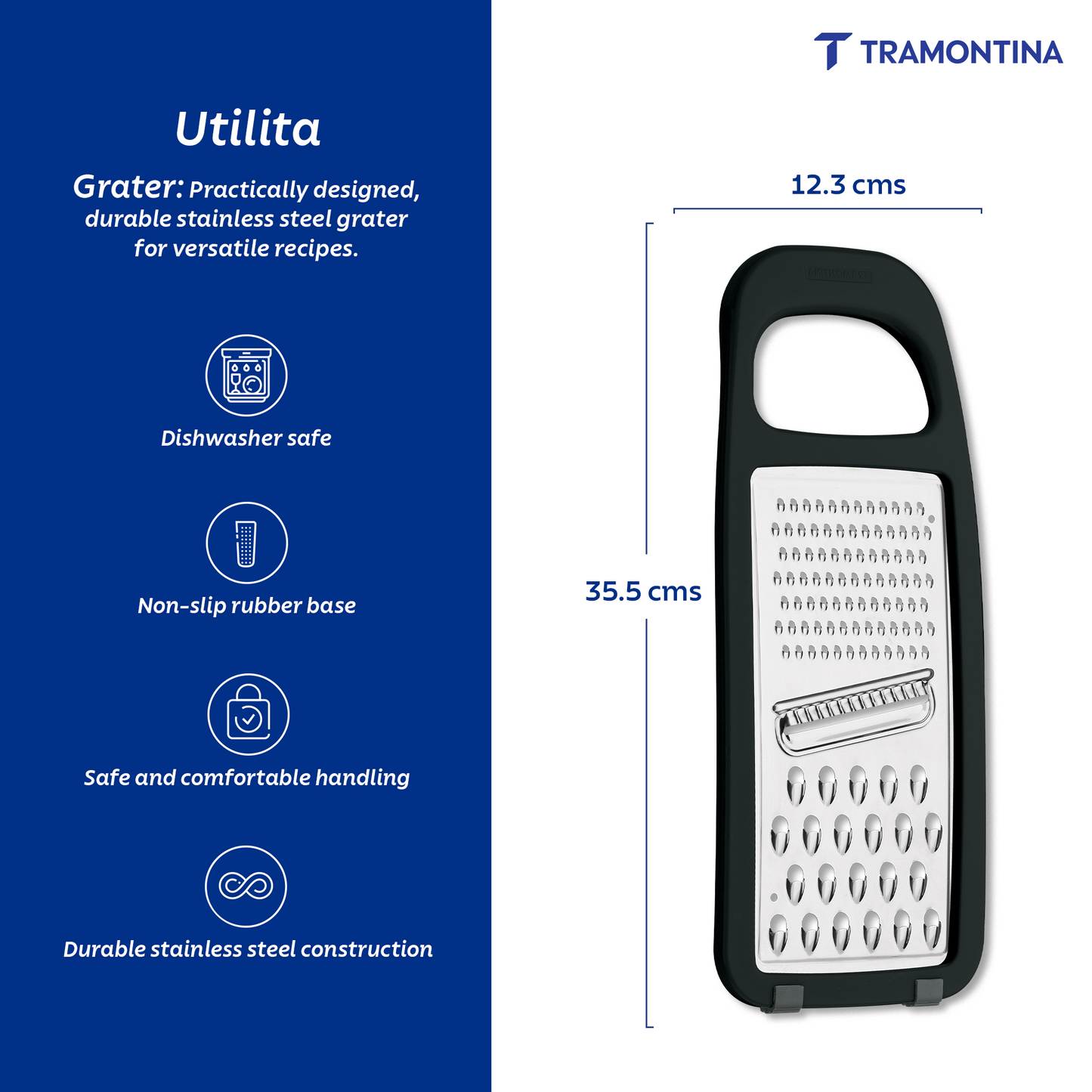 Tramontina Utilitá stainless steel grater with polypropylene handle and non-slip rubber base in black