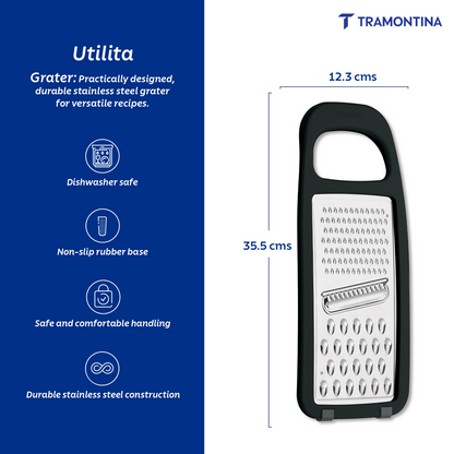 Tramontina Utilitá stainless steel grater with polypropylene handle and non-slip rubber base in black