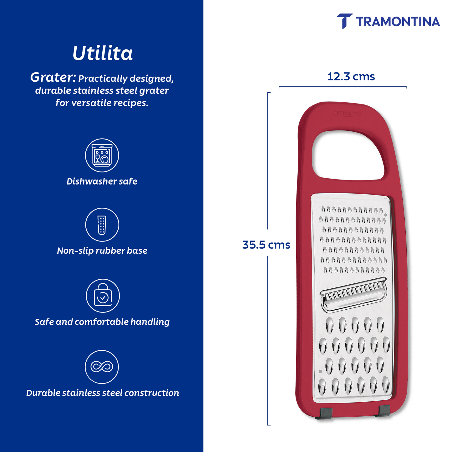 Tramontina Utilitá Stainless Steel and ABS Grater with Rubberized Base, Red