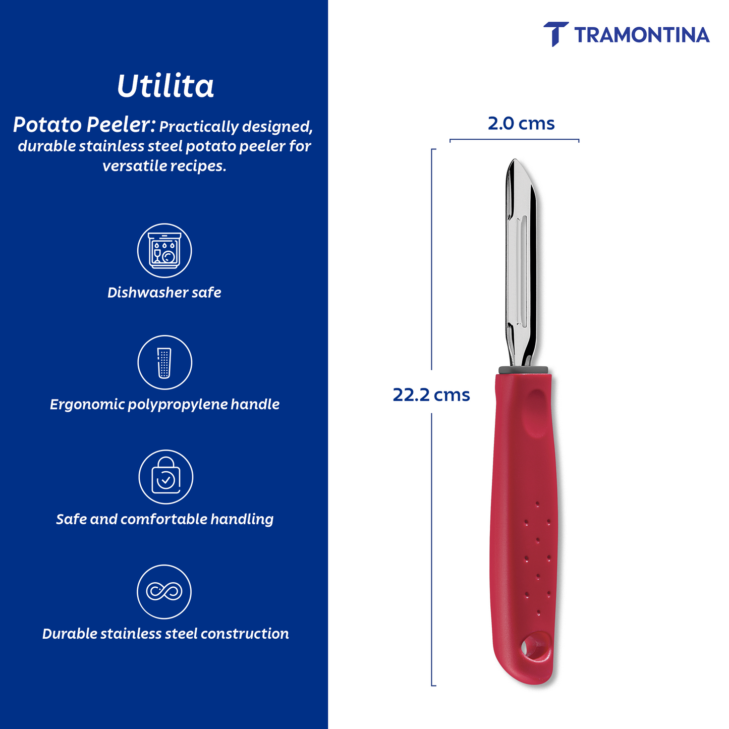 Tramontina Utilitá Stainless Steel Manual Potato Peeler with Red Polypropylene Handle