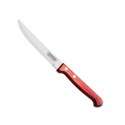 Tramontina Polywood 5" Stainless Steel Steak & Fruit knife Serrated Blade - Impact & Heat Resistant Wooden Handle (Red)