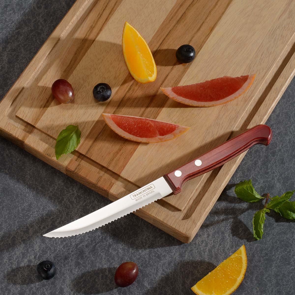 Tramontina Polywood 5" Stainless Steel Steak & Fruit knife Serrated Blade - Impact & Heat Resistant Wooden Handle (Red)