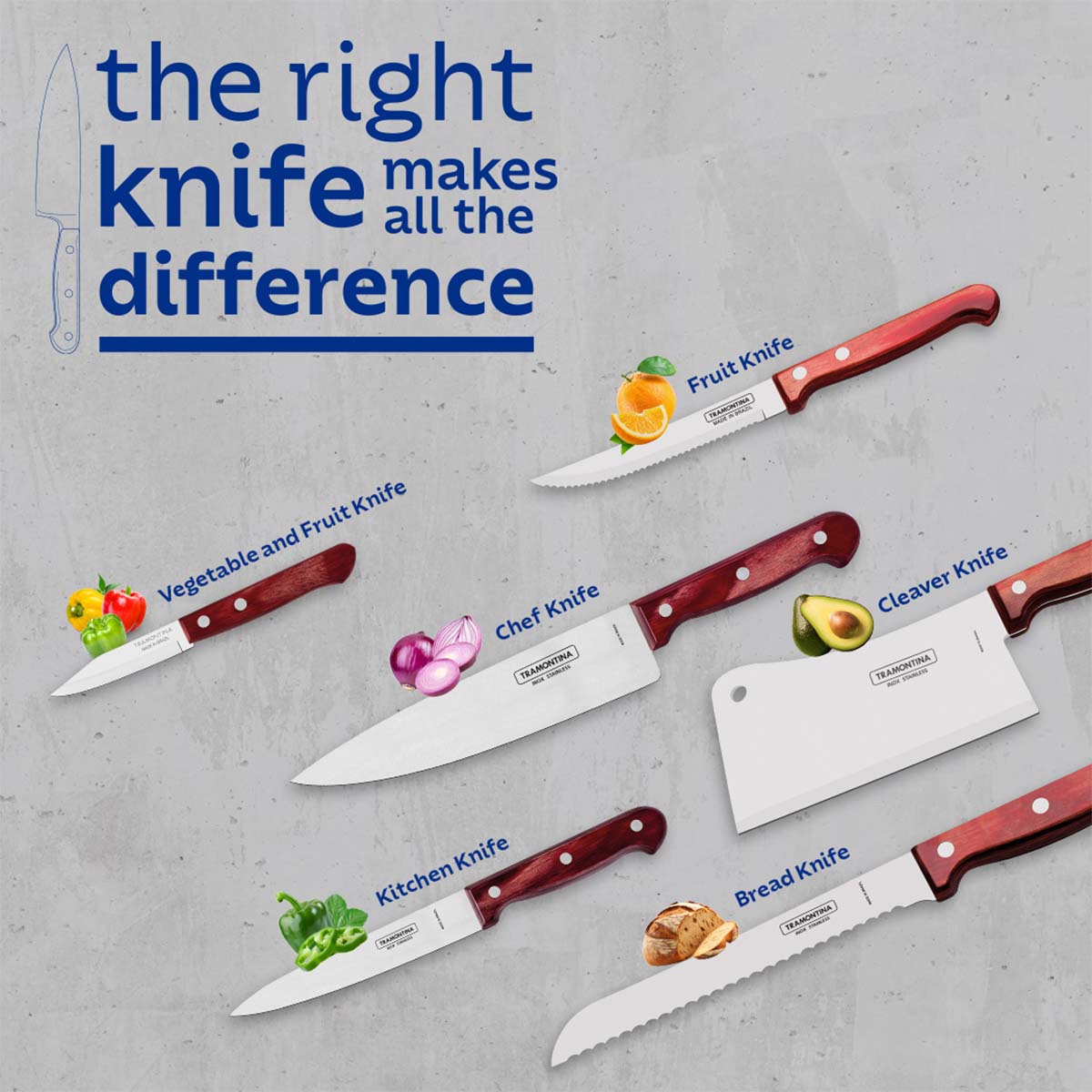 Tramontina Polywood 6" Stainless Steel Cleaver knife Straight Blade - Impact & Heat Resistant Wooden Handle (Red)